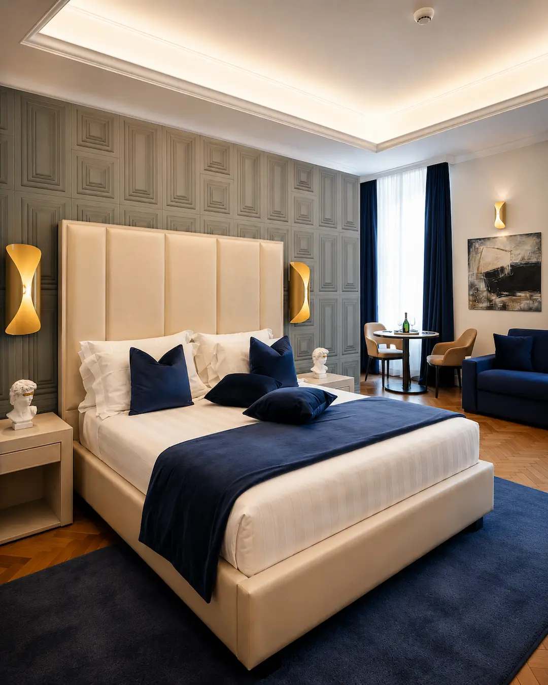 Letto king-size della Deluxe Double Suite di Más Boutique Hotel Rome, con design contemporaneo